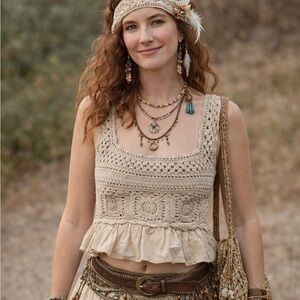 Vintage Crochet Boho Top | Linen Blend | Made in India Size S